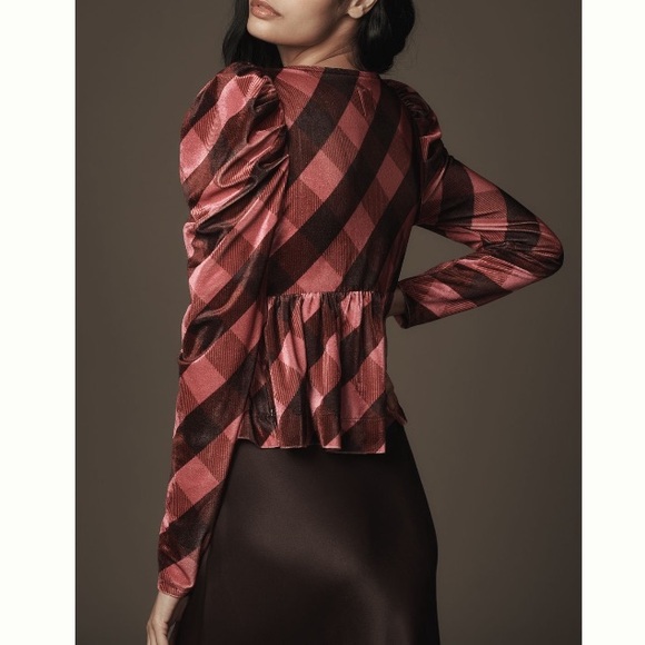Maeve Checkered Puff Sleeve Velvet Blouse in Pink and Brown - Picture 2 of 8